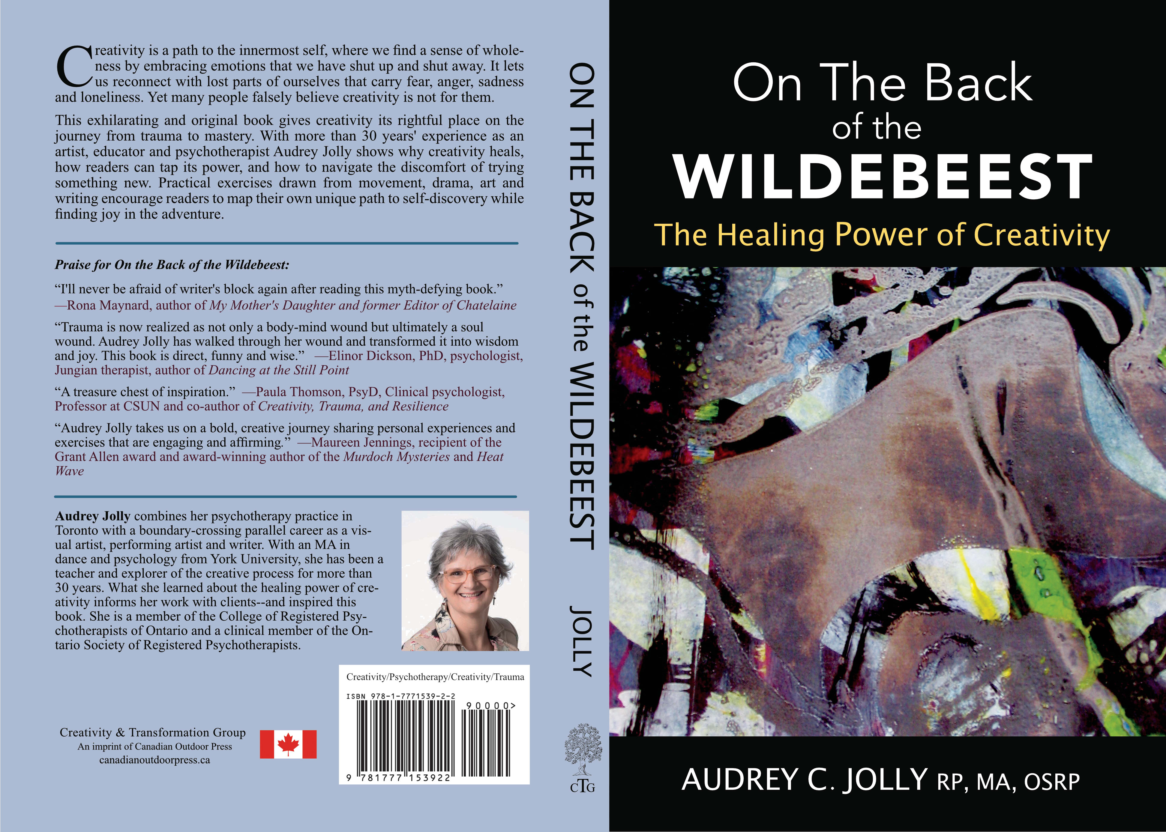 Book cover, On The Back of the Wildebeest; The Healing Power of Creativity, Audrey Jolly, Canadian Outdoor Press